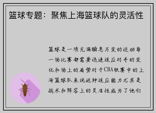 篮球专题：聚焦上海篮球队的灵活性