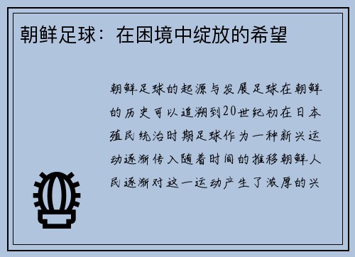 朝鲜足球：在困境中绽放的希望