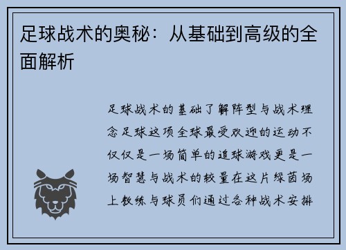 足球战术的奥秘：从基础到高级的全面解析