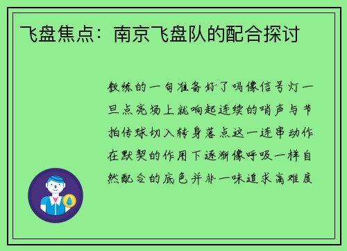 飞盘焦点：南京飞盘队的配合探讨