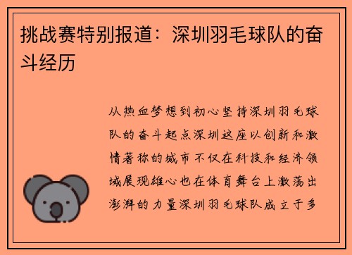 挑战赛特别报道：深圳羽毛球队的奋斗经历